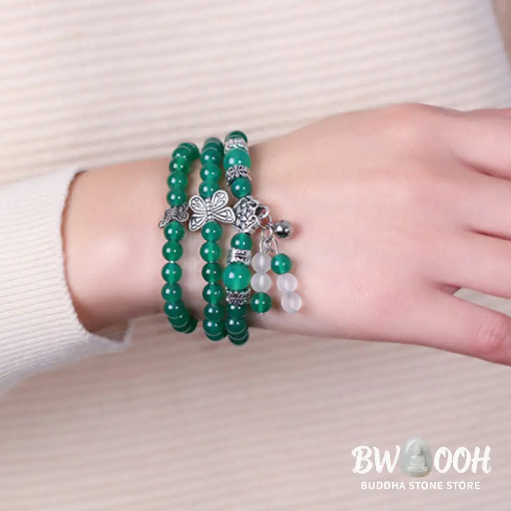 BWOOOH Natural Green Agate Butterfly Support Bracelet featuring 6mm green agate beads and a delicate copper alloy butterfly charm on elastic string, symbolizing transformation, courage, and spiritual balance. - View 5