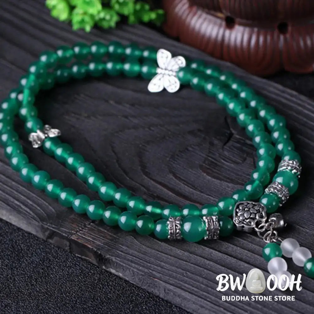 BWOOOH Natural Green Agate Butterfly Support Bracelet featuring 6mm green agate beads and a delicate copper alloy butterfly charm on elastic string, symbolizing transformation, courage, and spiritual balance. - View 6