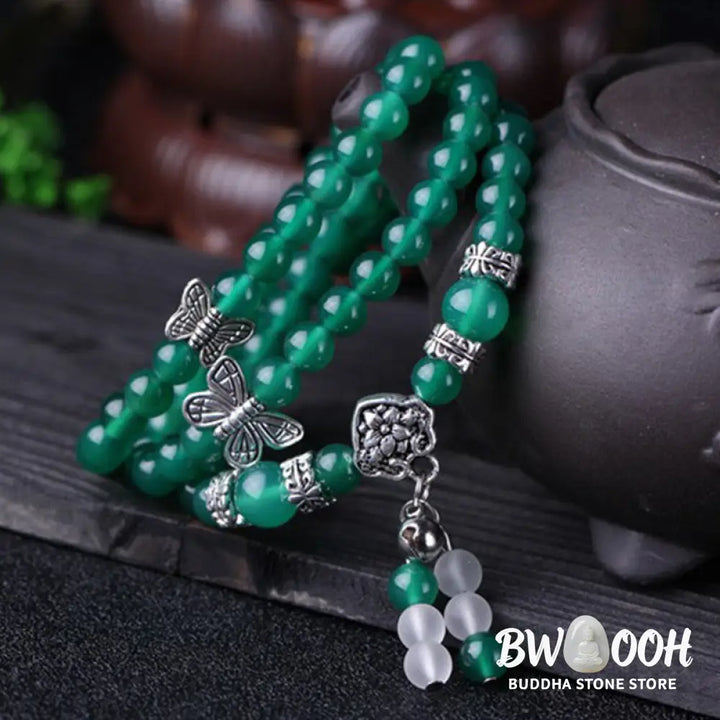 BWOOOH Natural Green Agate Butterfly Support Bracelet featuring 6mm green agate beads and a delicate copper alloy butterfly charm on elastic string, symbolizing transformation, courage, and spiritual balance. - View 2