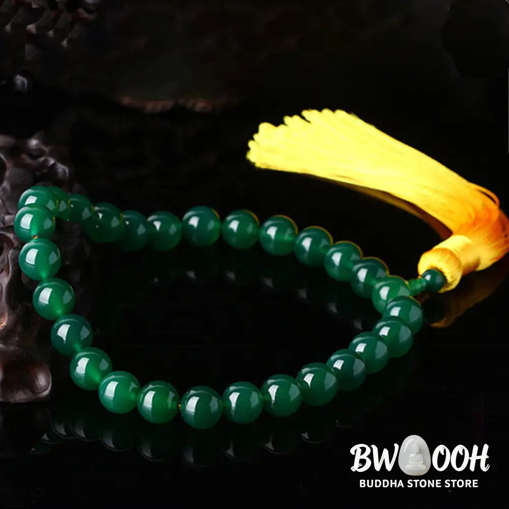BWOOOH Natural Green Agate Wrist Mala with Power Tassels, featuring polished 10mm, 12mm, or 14mm beads. A versatile pocket mala and car decoration for spiritual balance and success. - View 2