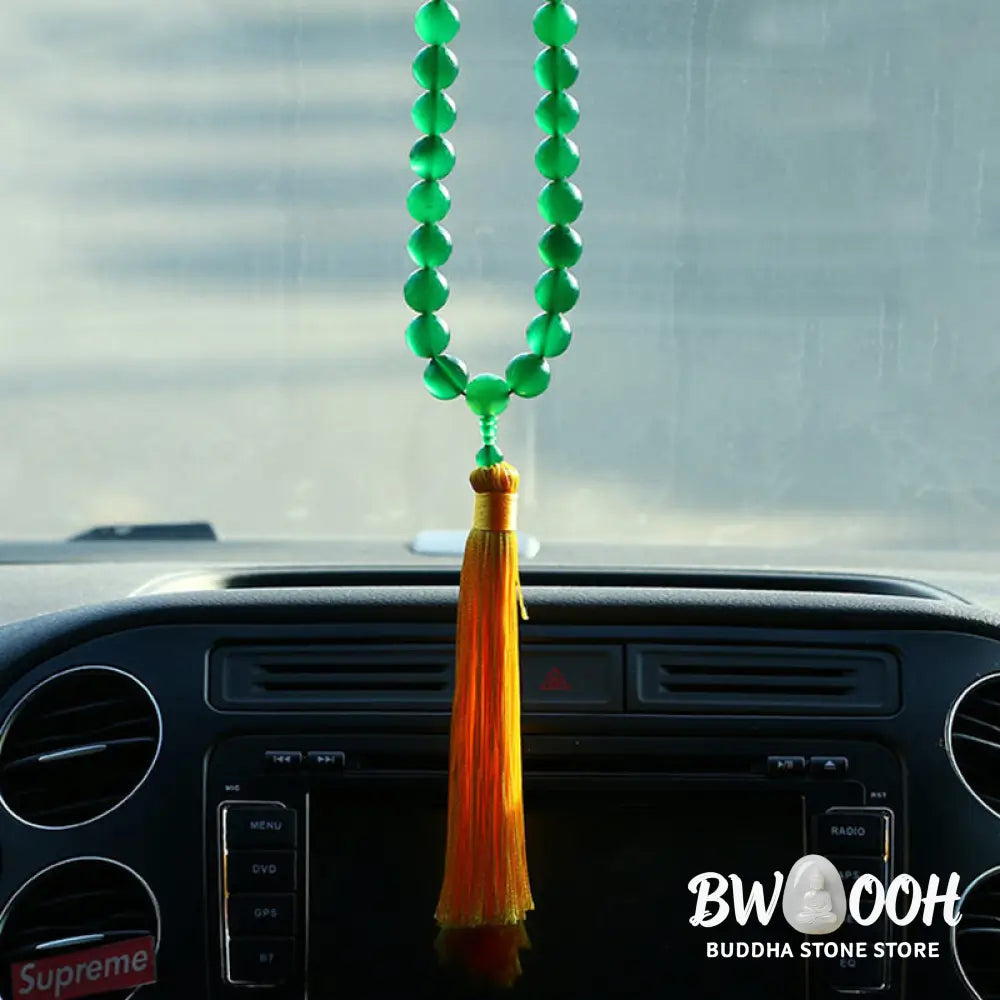 BWOOOH Natural Green Agate Wrist Mala with Power Tassels, featuring polished 10mm, 12mm, or 14mm beads. A versatile pocket mala and car decoration for spiritual balance and success. - View 5