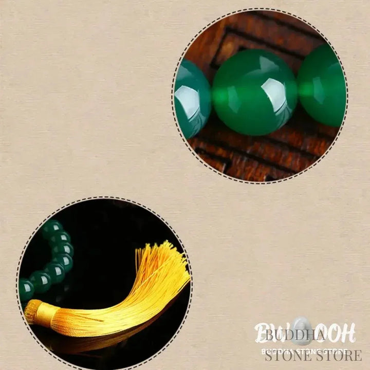 BWOOOH Natural Green Agate Wrist Mala with Power Tassels, featuring polished 10mm, 12mm, or 14mm beads. A versatile pocket mala and car decoration for spiritual balance and success. - View 10