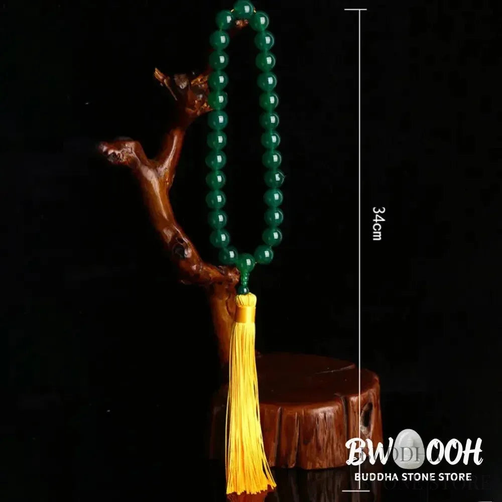 BWOOOH Natural Green Agate Wrist Mala with Power Tassels, featuring polished 10mm, 12mm, or 14mm beads. A versatile pocket mala and car decoration for spiritual balance and success. - View 9