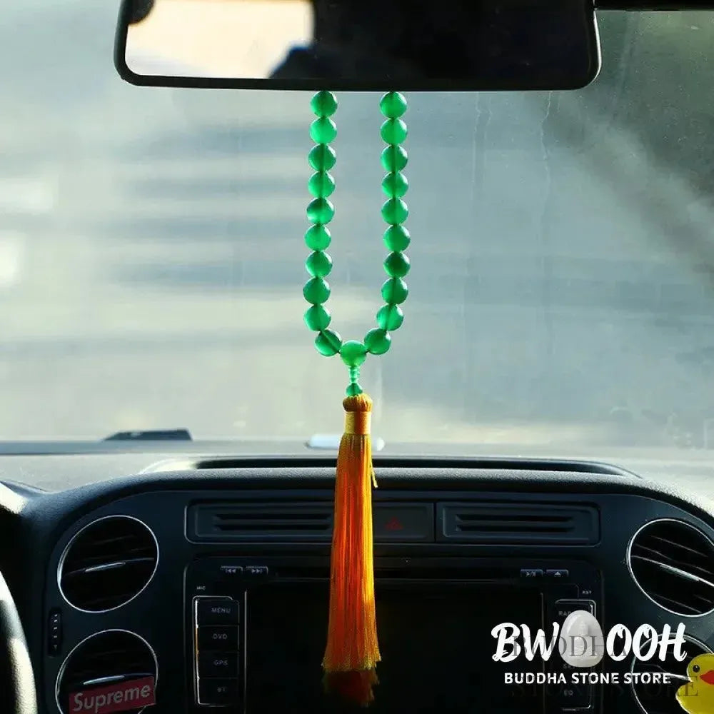 BWOOOH Natural Green Agate Wrist Mala with Power Tassels, featuring polished 10mm, 12mm, or 14mm beads. A versatile pocket mala and car decoration for spiritual balance and success. - View 4
