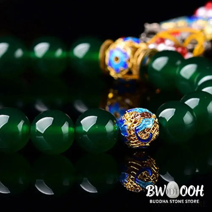 Close-up of BWOOOH Natural Green Agate Wrist Mala, showcasing polished green 10mm, 12mm, 14mm beads on premium elastic string. Designed as a success charm, pocket mala, and car decoration for courage and manifestation during mindfulness practices. - View 8