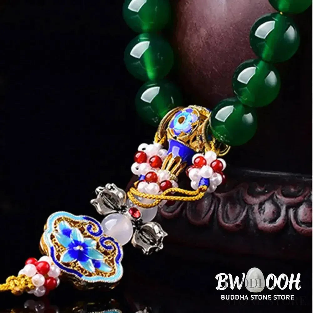 Close-up of BWOOOH Natural Green Agate Wrist Mala, showcasing polished green 10mm, 12mm, 14mm beads on premium elastic string. Designed as a success charm, pocket mala, and car decoration for courage and manifestation during mindfulness practices. - View 7