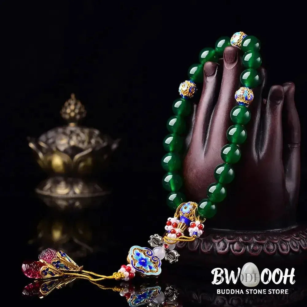 Close-up of BWOOOH Natural Green Agate Wrist Mala, showcasing polished green 10mm, 12mm, 14mm beads on premium elastic string. Designed as a success charm, pocket mala, and car decoration for courage and manifestation during mindfulness practices. - View 3
