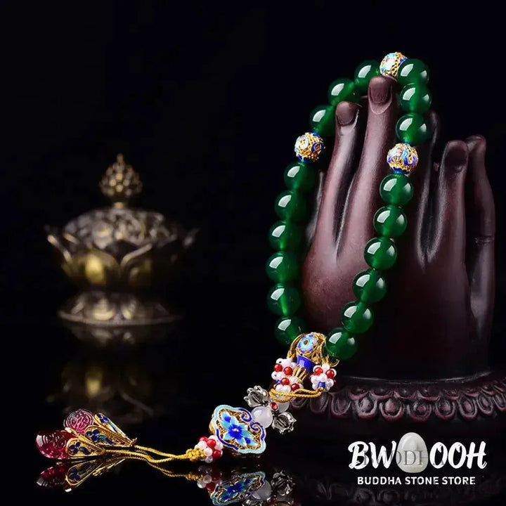 Close-up of BWOOOH Natural Green Agate Wrist Mala, showcasing polished green 10mm, 12mm, 14mm beads on premium elastic string. Designed as a success charm, pocket mala, and car decoration for courage and manifestation during mindfulness practices. - View 3