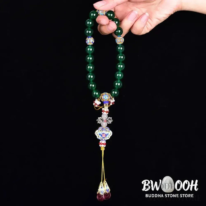 Close-up of BWOOOH Natural Green Agate Wrist Mala, showcasing polished green 10mm, 12mm, 14mm beads on premium elastic string. Designed as a success charm, pocket mala, and car decoration for courage and manifestation during mindfulness practices. - View 4