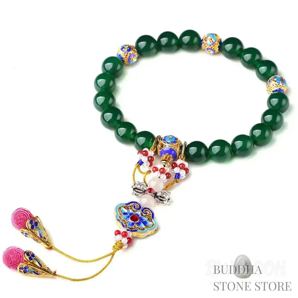 Close-up of BWOOOH Natural Green Agate Wrist Mala, showcasing polished green 10mm, 12mm, 14mm beads on premium elastic string. Designed as a success charm, pocket mala, and car decoration for courage and manifestation during mindfulness practices. - View 10
