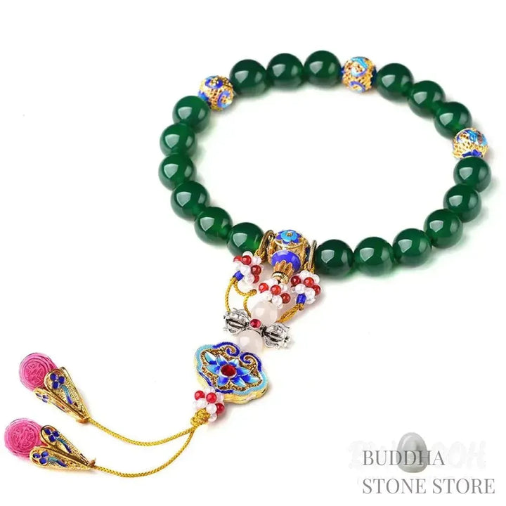 Close-up of BWOOOH Natural Green Agate Wrist Mala, showcasing polished green 10mm, 12mm, 14mm beads on premium elastic string. Designed as a success charm, pocket mala, and car decoration for courage and manifestation during mindfulness practices. - View 10