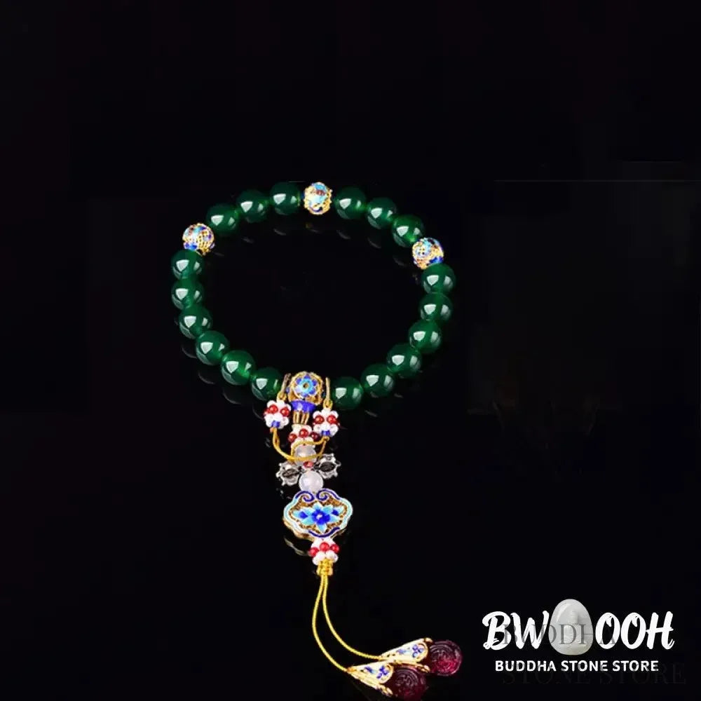 Close-up of BWOOOH Natural Green Agate Wrist Mala, showcasing polished green 10mm, 12mm, 14mm beads on premium elastic string. Designed as a success charm, pocket mala, and car decoration for courage and manifestation during mindfulness practices. - View 6