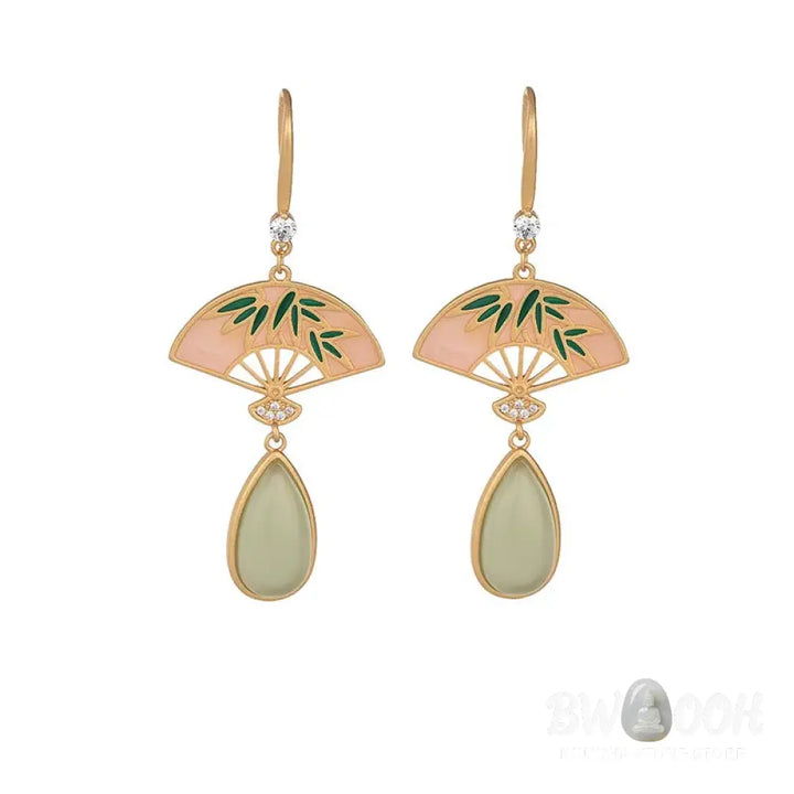 Buddha Stones Natural Green Aventurine Fan Pattern Luck Drop Earrings - Earrings