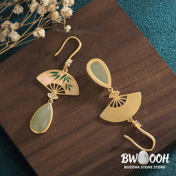 Buddha Stones Natural Green Aventurine Fan Pattern Luck Drop Earrings - Earrings