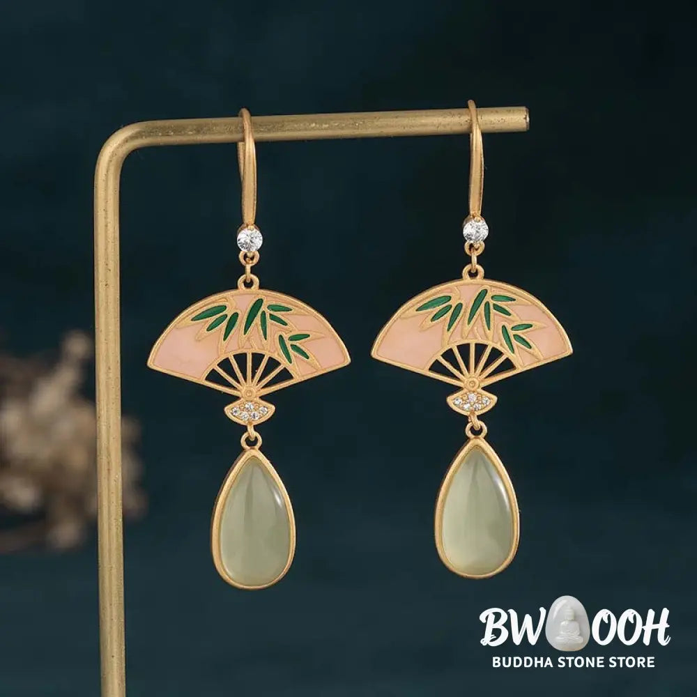 Buddha Stones Natural Green Aventurine Fan Pattern Luck Drop Earrings - Earrings