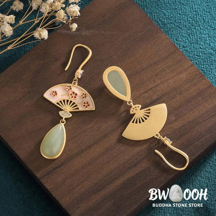 Buddha Stones Natural Green Aventurine Fan Pattern Luck Drop Earrings - Earrings