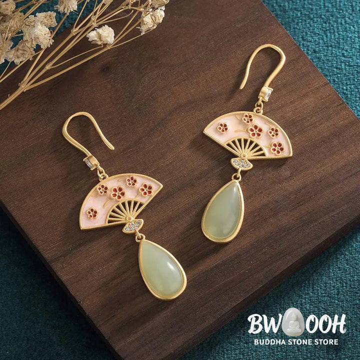 Buddha Stones Natural Green Aventurine Fan Pattern Luck Drop Earrings - Earrings