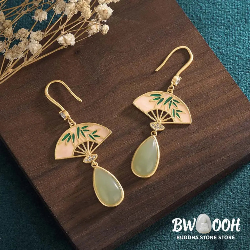 Buddha Stones Natural Green Aventurine Fan Pattern Luck Drop Earrings - Earrings