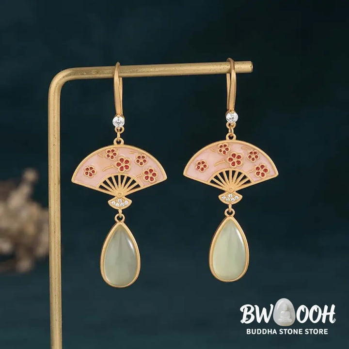 Buddha Stones Natural Green Aventurine Fan Pattern Luck Drop Earrings - Earrings