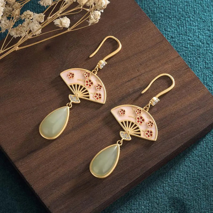 Buddha Stones Natural Green Aventurine Fan Pattern Luck Drop Earrings - Flower - Earrings