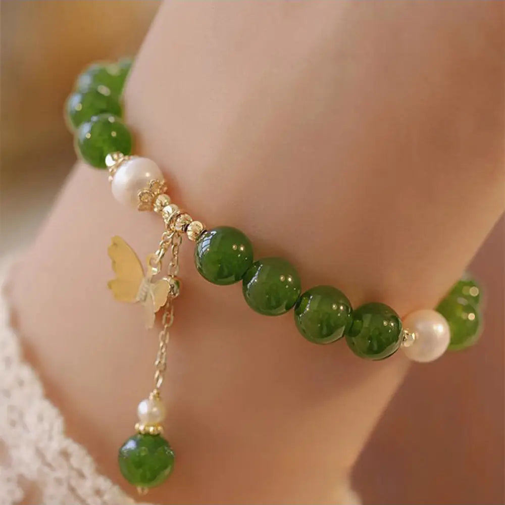 BWOOOH Natural Green Chalcedony Pearl Butterfly Courage Strength Bracelet - BWOOOH - Green
