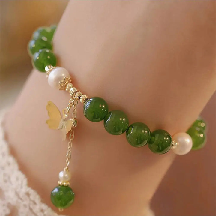 BWOOOH Natural Green Chalcedony Pearl Butterfly Courage Strength Bracelet - BWOOOH - Green