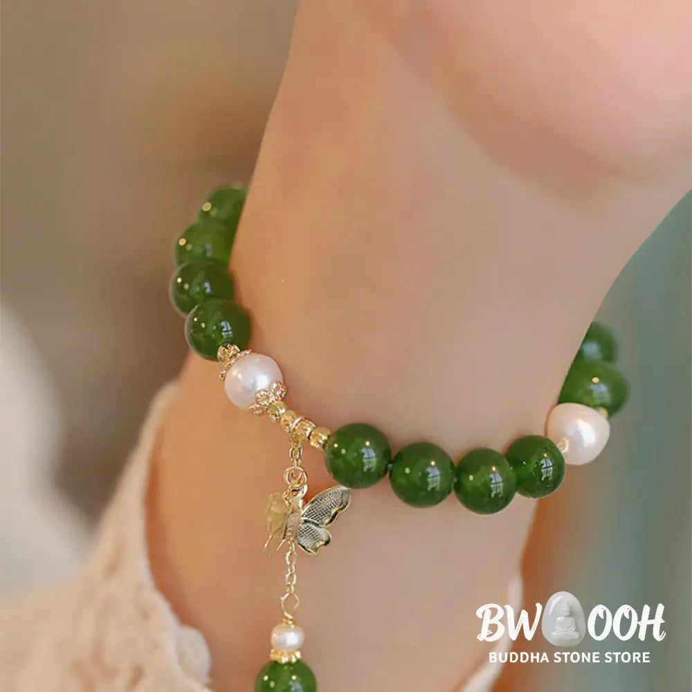 Buddha Stones Natural Green Chalcedony Pearl Butterfly Courage Strength Bracelet - BWOOOH - Green