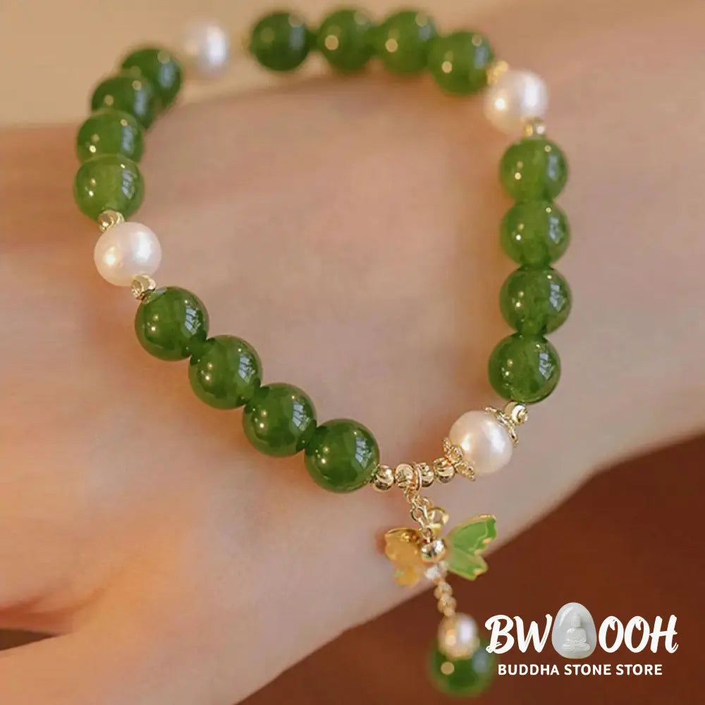 Buddha Stones Natural Green Chalcedony Pearl Butterfly Courage Strength Bracelet - BWOOOH - Green