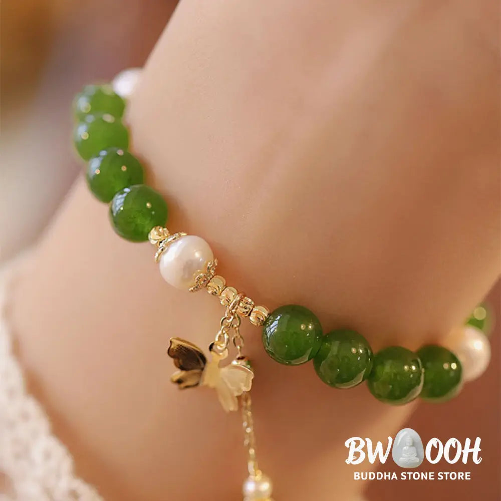 Buddha Stones Natural Green Chalcedony Pearl Butterfly Courage Strength Bracelet - BWOOOH - Green