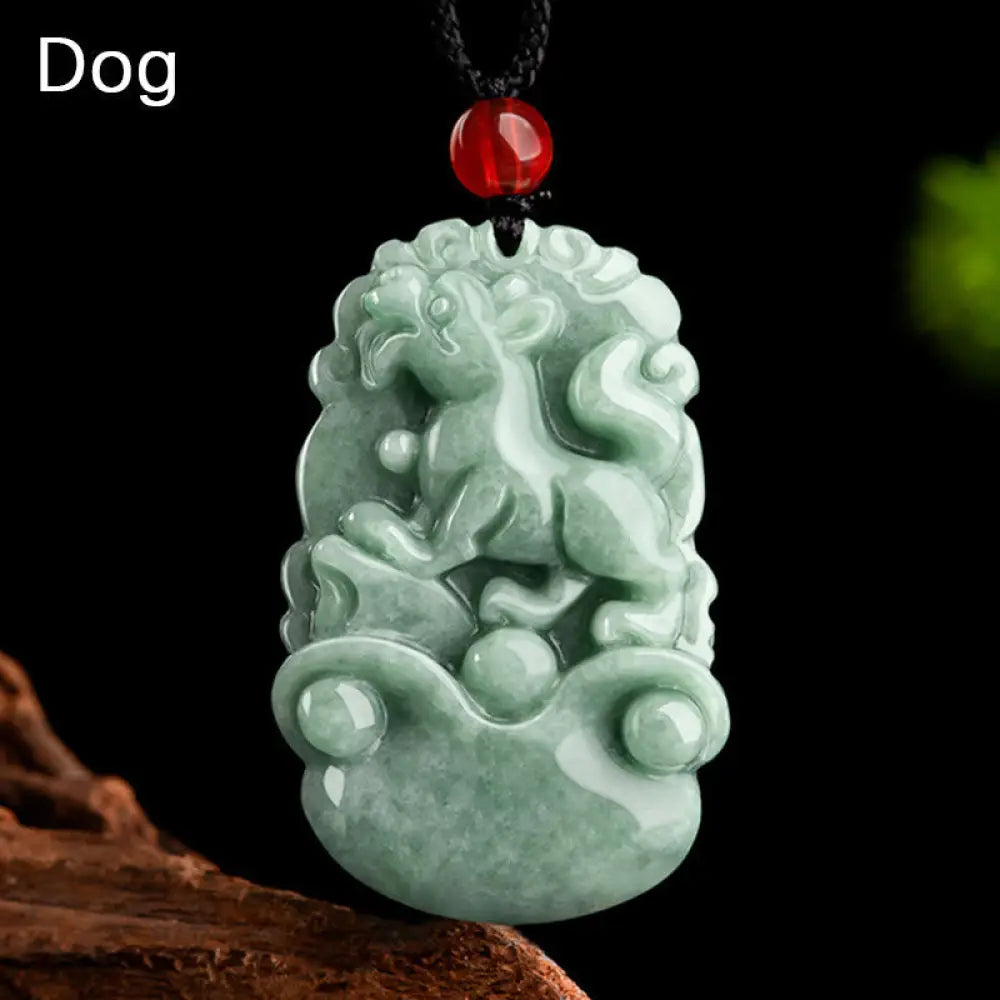 Buddha Stones Natural Green Jade 12 Chinese Zodiac Luck Prosperity Necklace Pendant - BWOOOH - Dog - Necklaces &amp;
