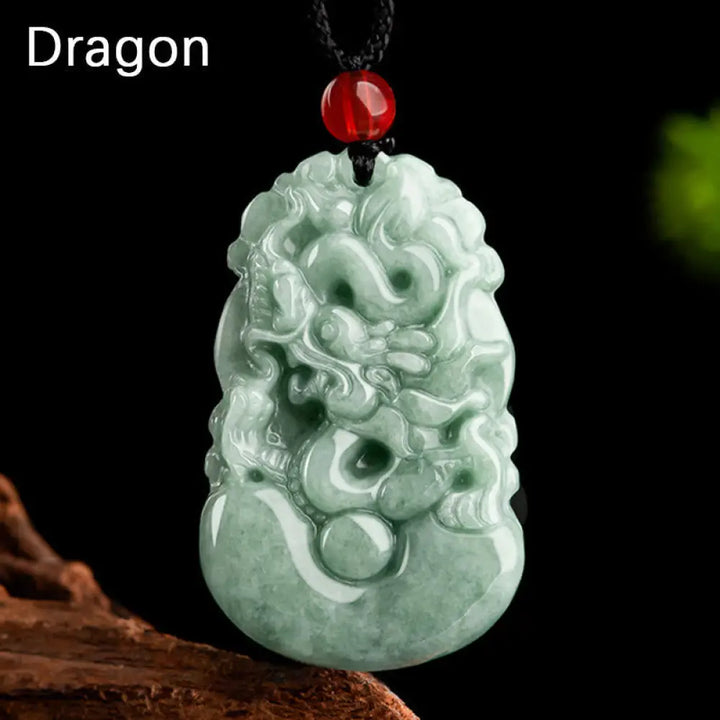 BWOOOH Natural Green Jade 12 Chinese Zodiac Luck Prosperity Necklace Pendant — genuine green jade with all 12 zodiac animals carved on 45cm chain, feng shui spiritual jewelry