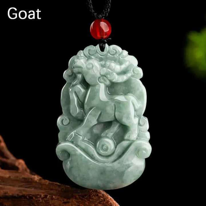 Buddha Stones Natural Green Jade 12 Chinese Zodiac Luck Prosperity Necklace Pendant - BWOOOH - Goat - Necklaces &amp;