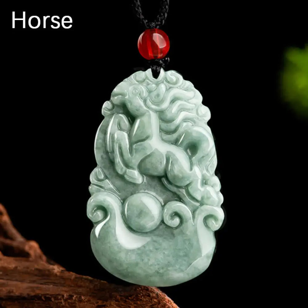 Buddha Stones Natural Green Jade 12 Chinese Zodiac Luck Prosperity Necklace Pendant - BWOOOH - Horse - Necklaces &amp;