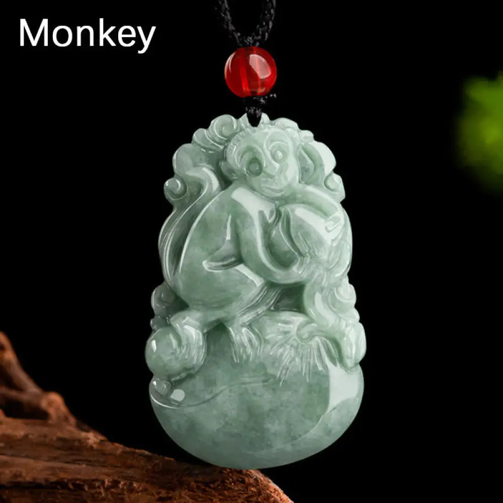 Buddha Stones Natural Green Jade 12 Chinese Zodiac Luck Prosperity Necklace Pendant - BWOOOH - Monkey - Necklaces &amp;