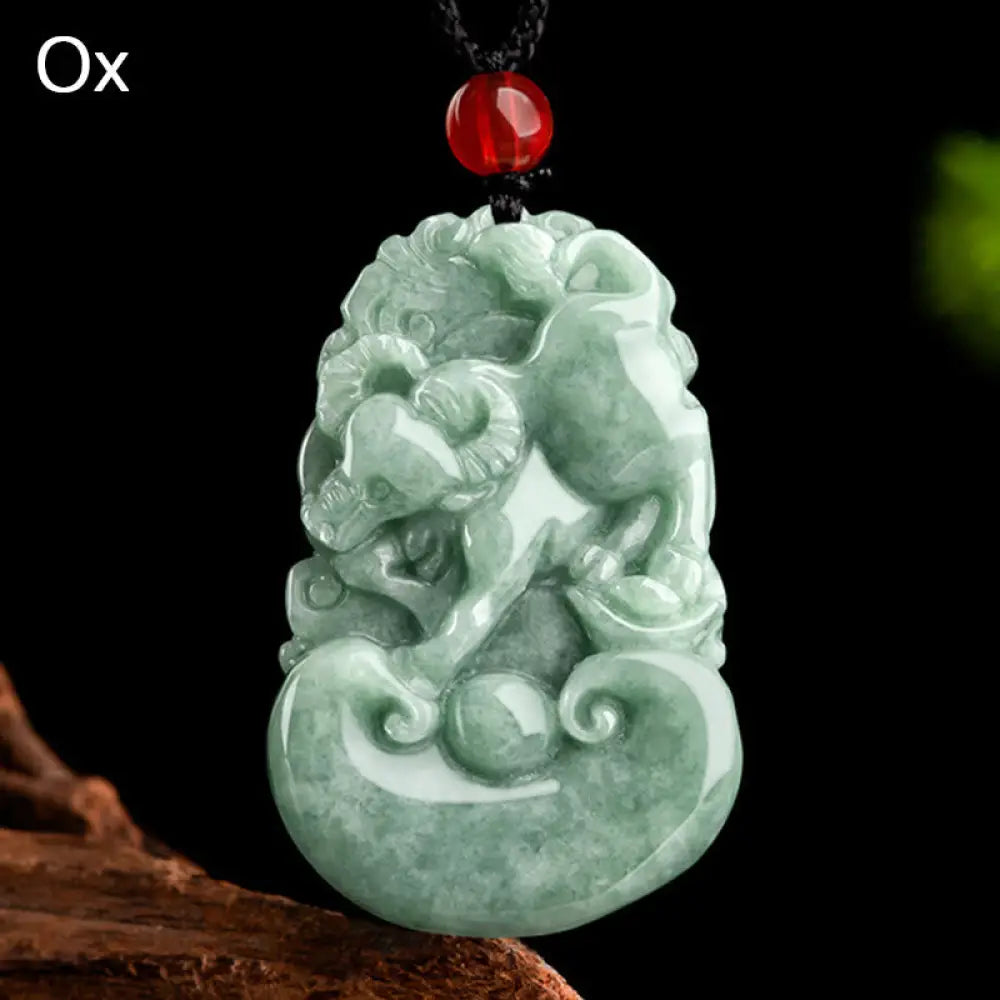 Buddha Stones Natural Green Jade 12 Chinese Zodiac Luck Prosperity Necklace Pendant - BWOOOH - Ox - Necklaces &amp; Pendants