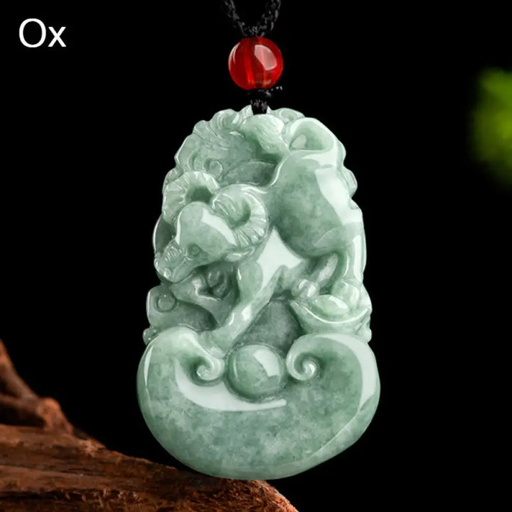 Buddha Stones Natural Green Jade 12 Chinese Zodiac Luck Prosperity Necklace Pendant - BWOOOH - Ox - Necklaces &amp; Pendants