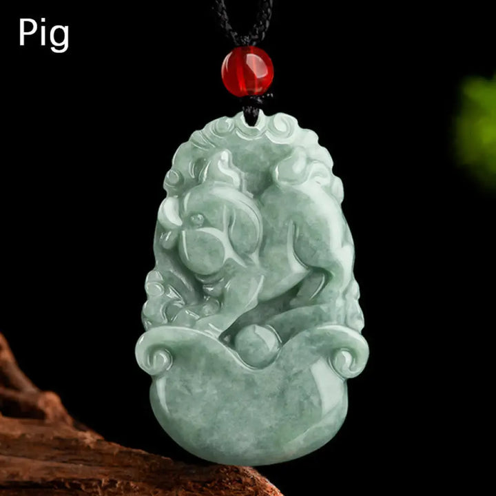 Buddha Stones Natural Green Jade 12 Chinese Zodiac Luck Prosperity Necklace Pendant - BWOOOH - Pig - Necklaces &amp;