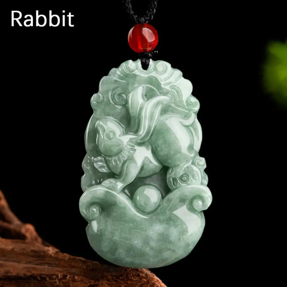 Buddha Stones Natural Green Jade 12 Chinese Zodiac Luck Prosperity Necklace Pendant - BWOOOH - Rabbit - Necklaces &amp;