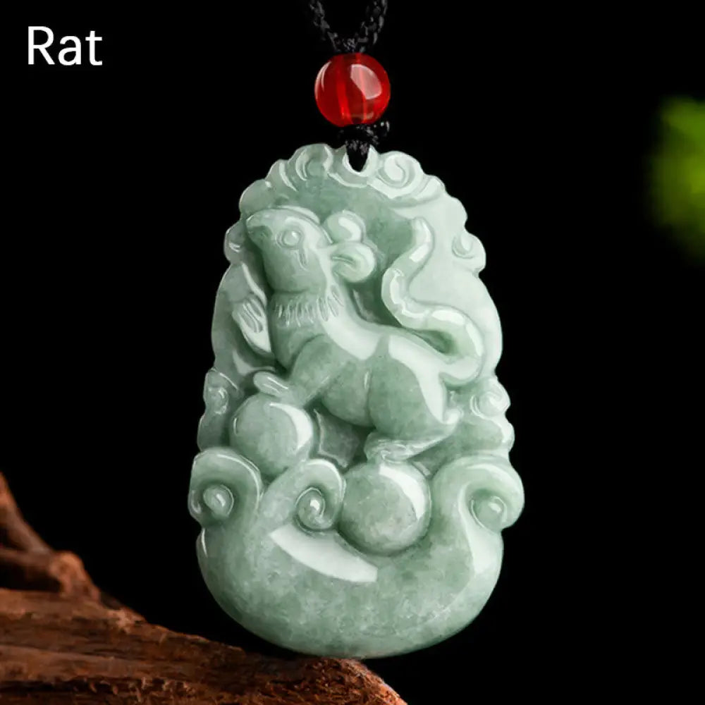 Buddha Stones Natural Green Jade 12 Chinese Zodiac Luck Prosperity Necklace Pendant - BWOOOH - Rat - Necklaces &amp;