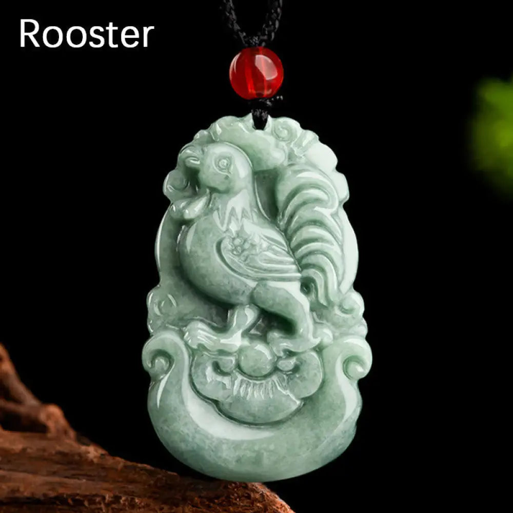 Buddha Stones Natural Green Jade 12 Chinese Zodiac Luck Prosperity Necklace Pendant - BWOOOH - Rooster - Necklaces &amp;