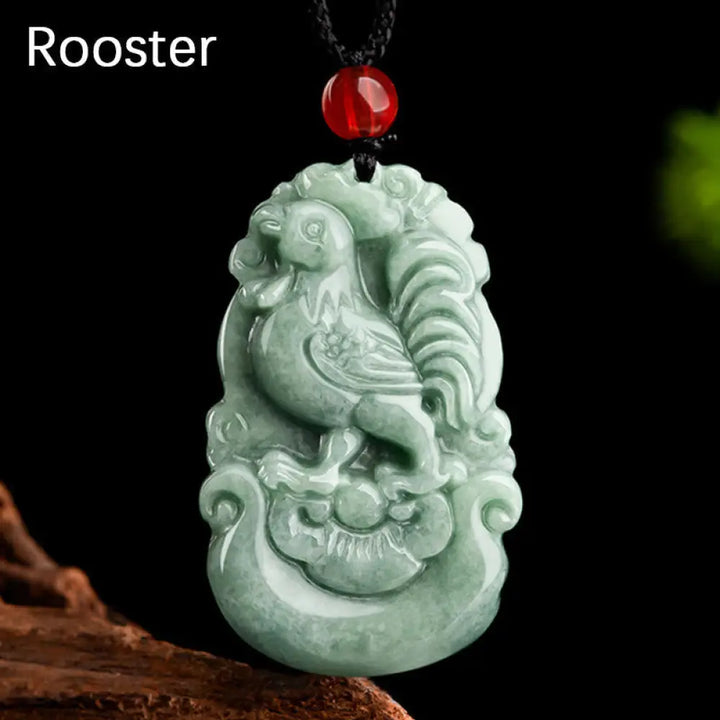 Buddha Stones Natural Green Jade 12 Chinese Zodiac Luck Prosperity Necklace Pendant - BWOOOH - Rooster - Necklaces &amp;