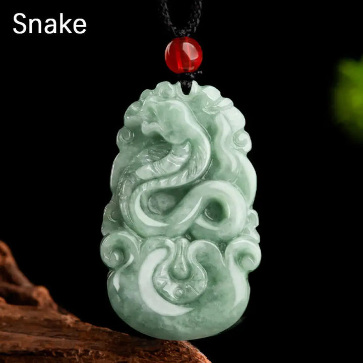 Buddha Stones Natural Green Jade 12 Chinese Zodiac Luck Prosperity Necklace Pendant - BWOOOH - Snake - Necklaces &amp;