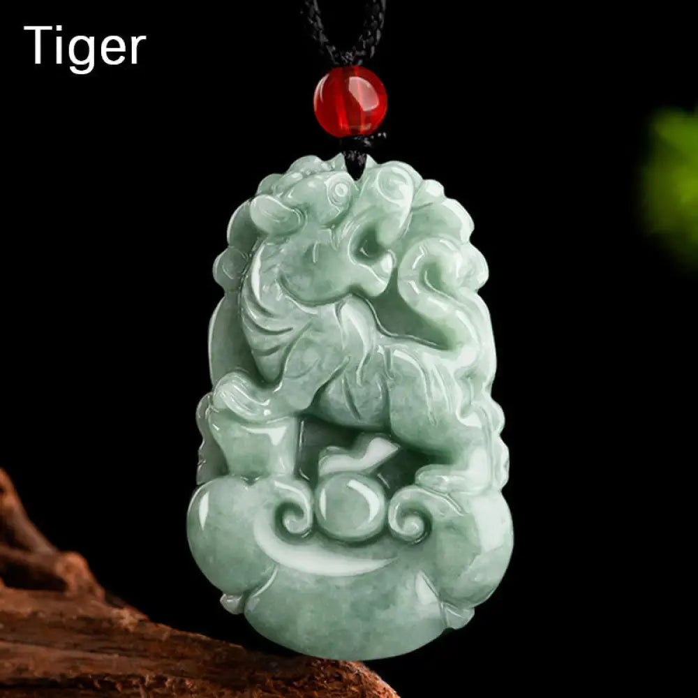 Buddha Stones Natural Green Jade 12 Chinese Zodiac Luck Prosperity Necklace Pendant - BWOOOH - Tiger - Necklaces &amp;