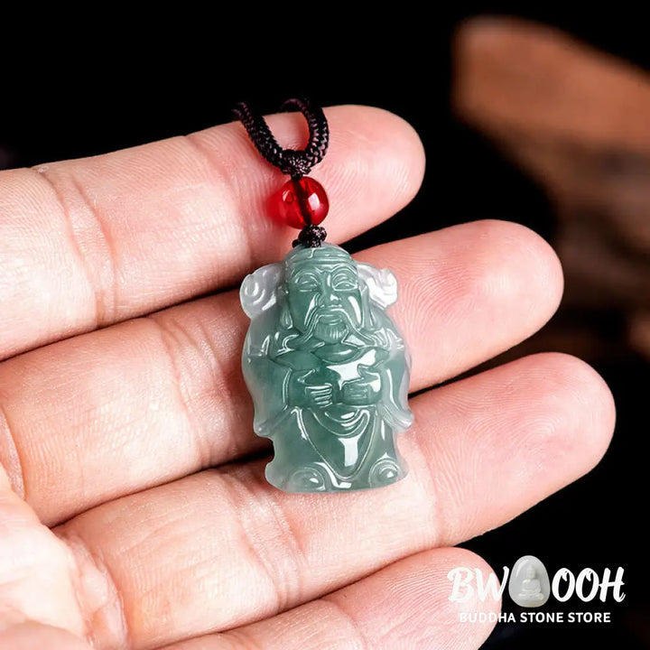 Buddha Stones Natural Green Jade Chinese God of Wealth Caishen Ingot Abundance Necklace Pendant - BWOOOH