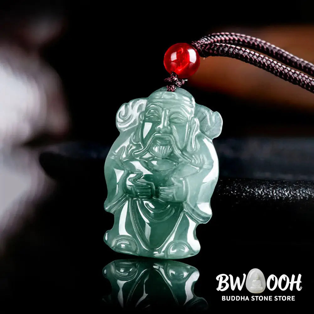 Buddha Stones Natural Green Jade Chinese God of Wealth Caishen Ingot Abundance Necklace Pendant - BWOOOH