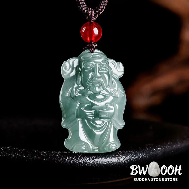 Buddha Stones Natural Green Jade Chinese God of Wealth Caishen Ingot Abundance Necklace Pendant - BWOOOH