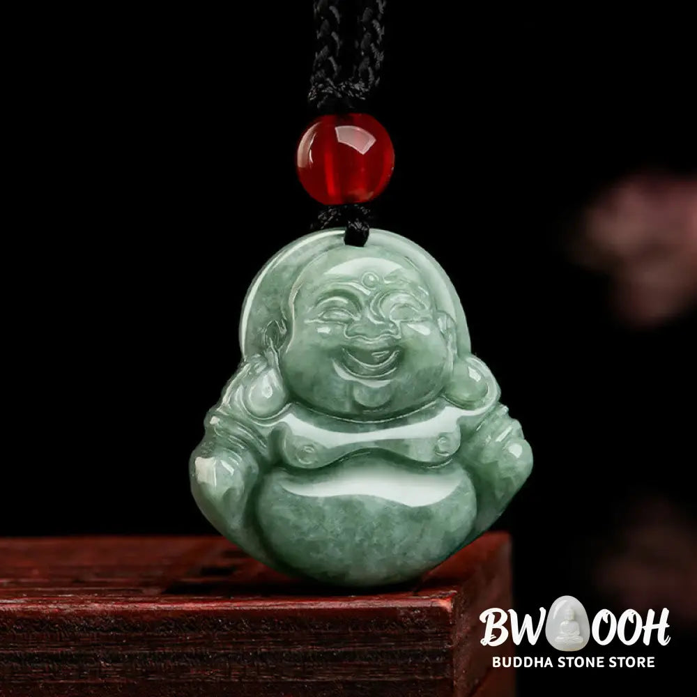 Buddha Stones Natural Green Jade Laughing Buddha Luck Abundance Necklace Pendant - BWOOOH - Laughing