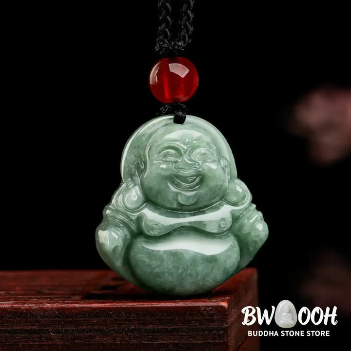 Buddha Stones Natural Green Jade Laughing Buddha Luck Abundance Necklace Pendant - BWOOOH - Laughing