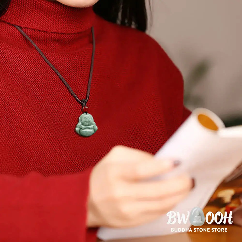 Buddha Stones Natural Green Jade Laughing Buddha Luck Abundance Necklace Pendant - BWOOOH - Laughing