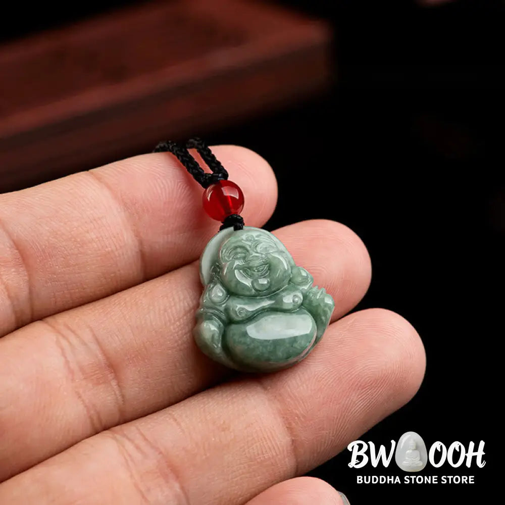 Buddha Stones Natural Green Jade Laughing Buddha Luck Abundance Necklace Pendant - BWOOOH - Laughing